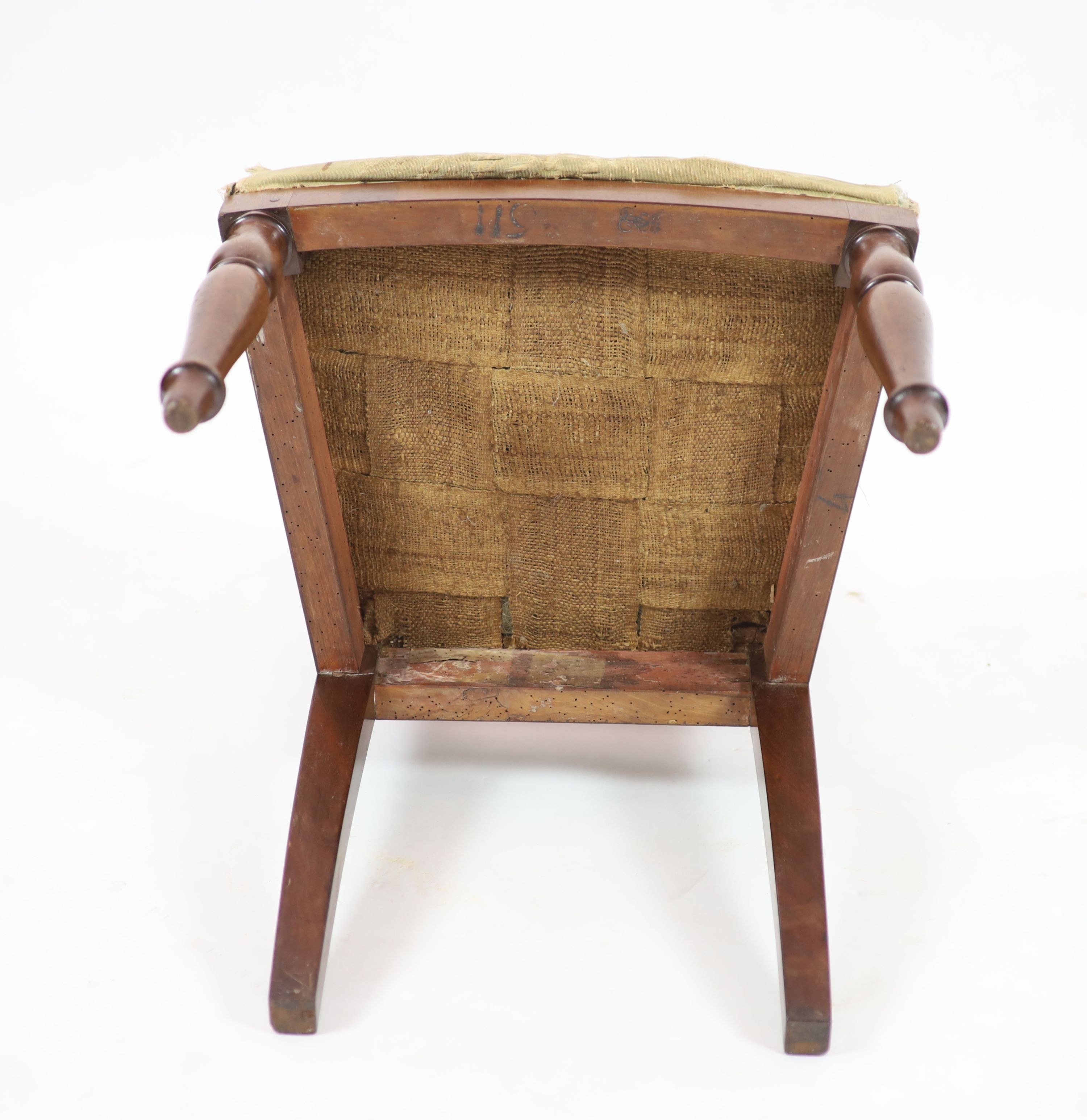 A French Empire mahogany side chair by Georges Jacob for Fontainebleu, H 90cm. W 49cm. D 42cm.